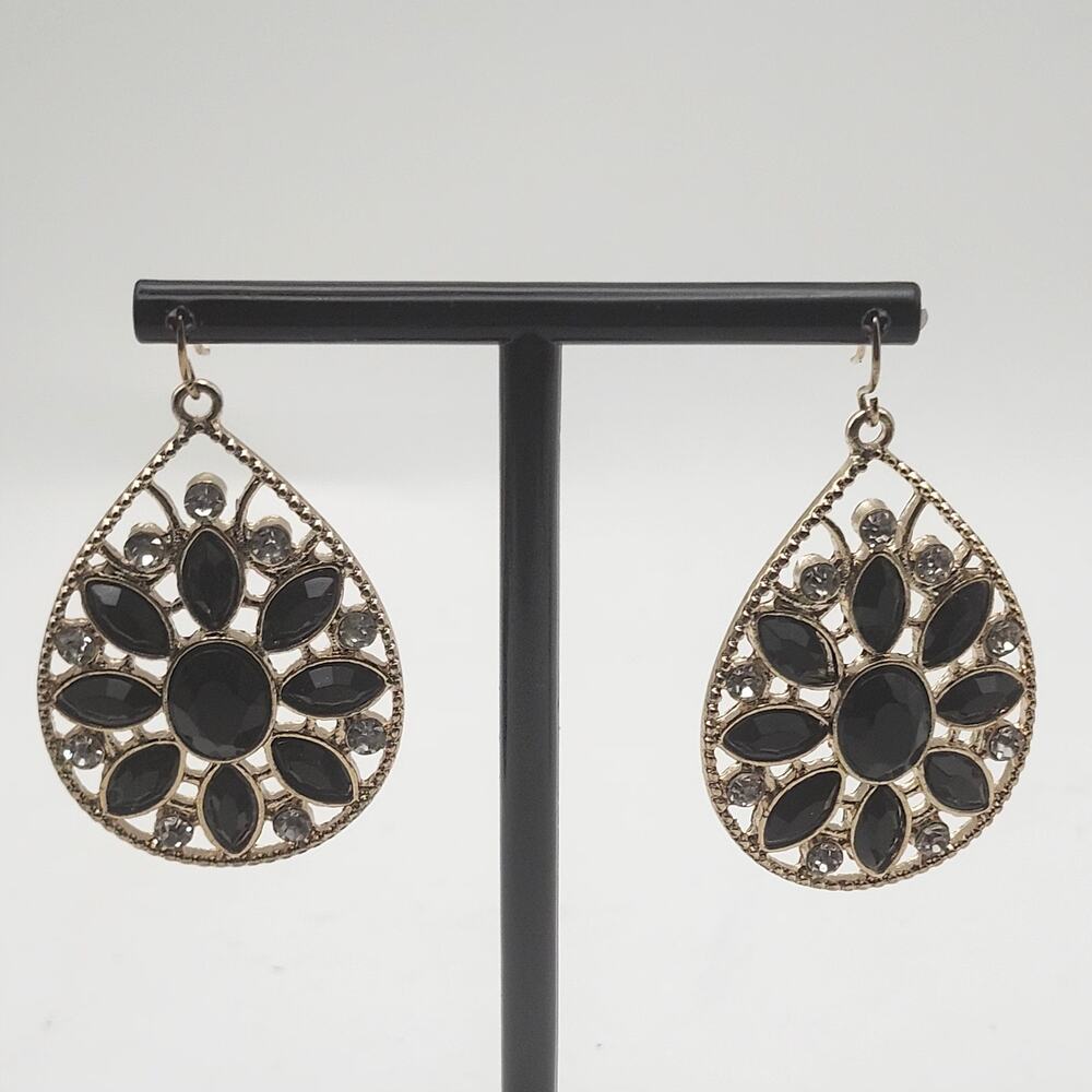 Black Rhinestone Teardrop Dangle Earrings Gold Tone Openwork Floral Hook Pair